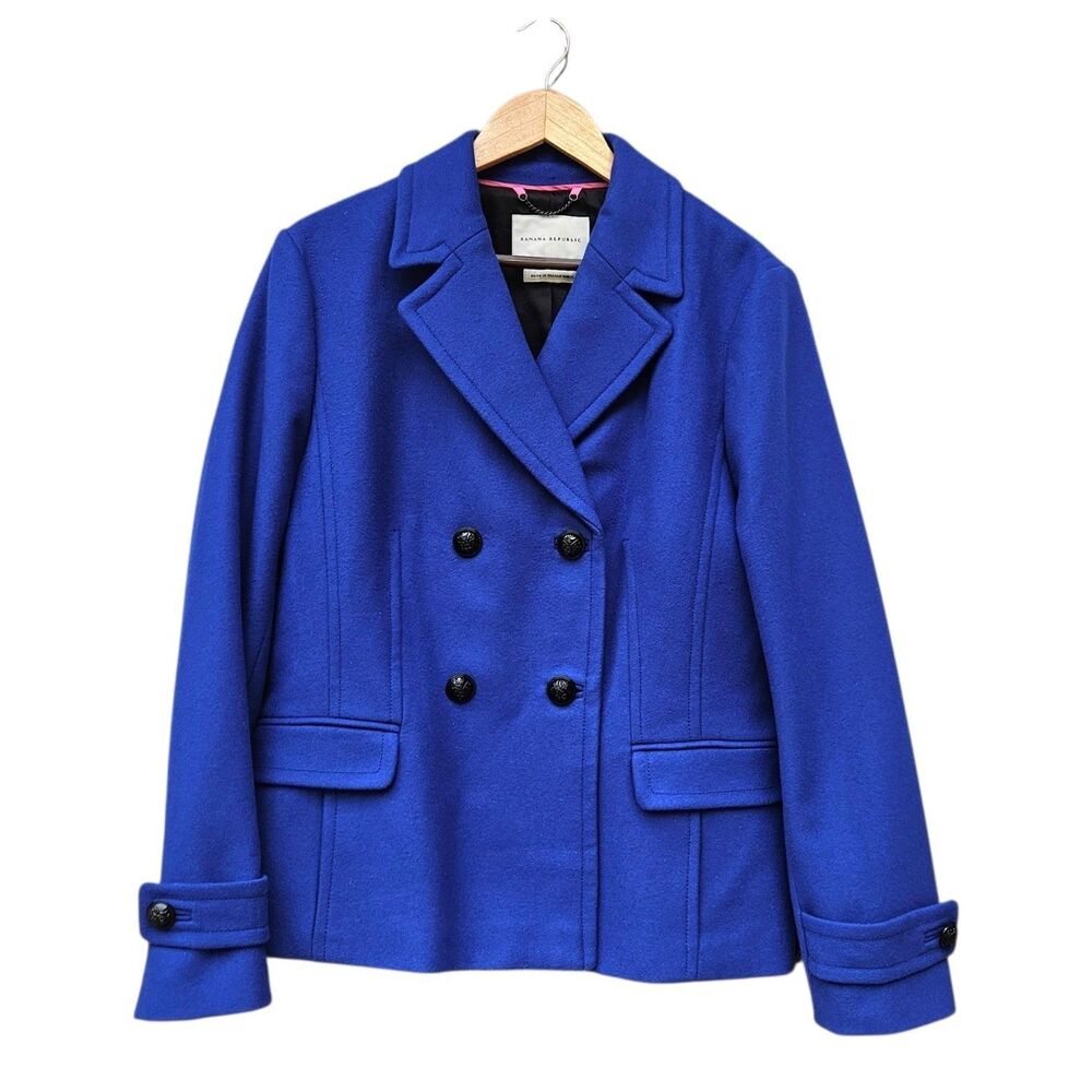 Banana Republic Pea Coat Double Breasted Womens L Royal Blue Italian Wool Blend